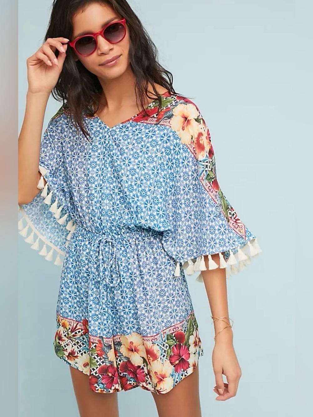 FARM Rio for Anthropologie Womens Carmen Floral Romper Pom Pom Tassel Sz Small